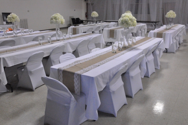 Reception tables with overhead light